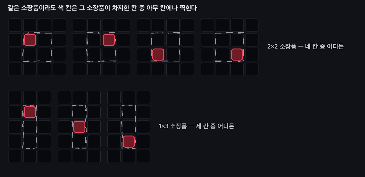 같은 소장품이라도 색 칸은 그 소장품의 칸 중 아무 칸에나